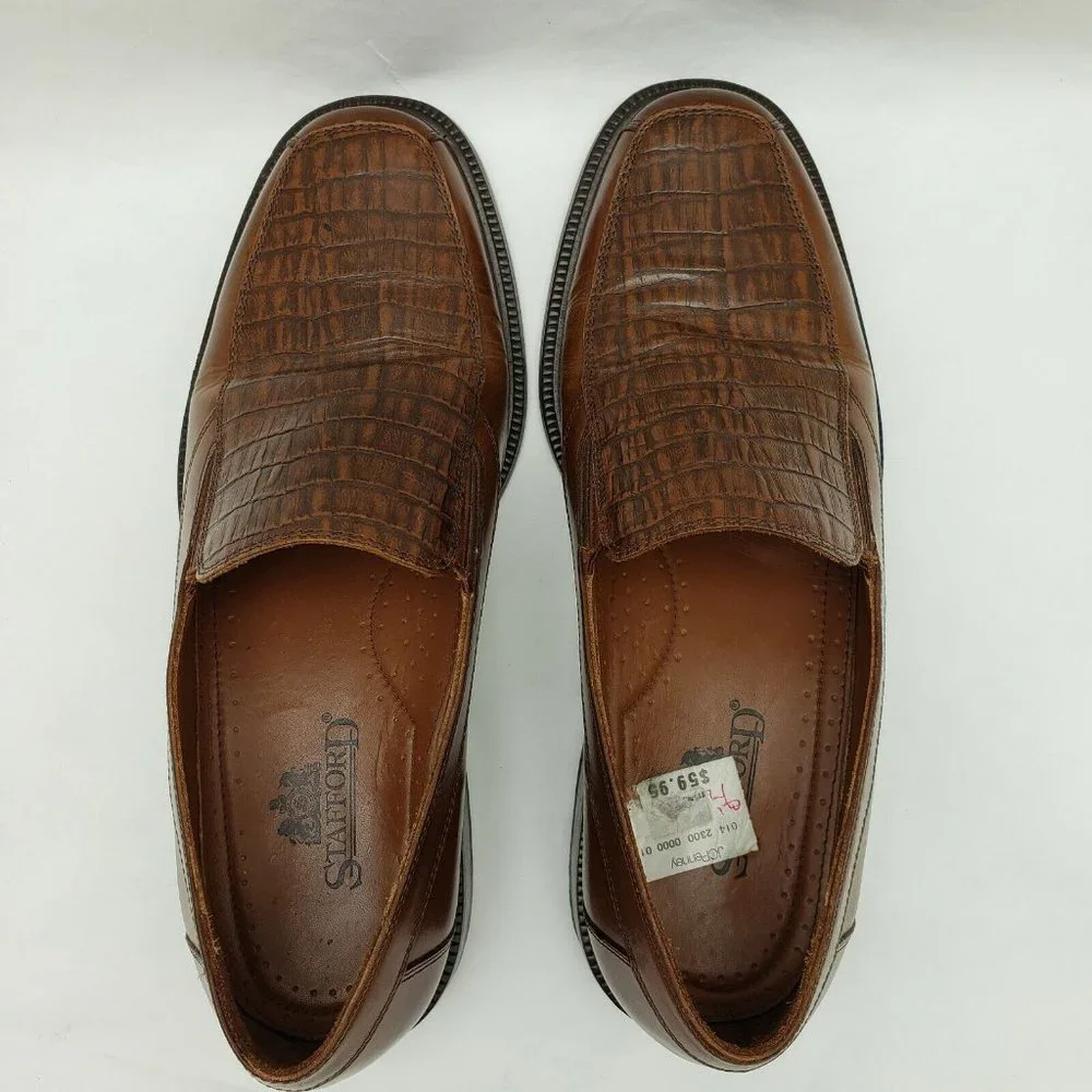 Stafford‎ Dress Shoes Mens 9.5M Brown Leather Croc Accent Slip On Loafer Casual
